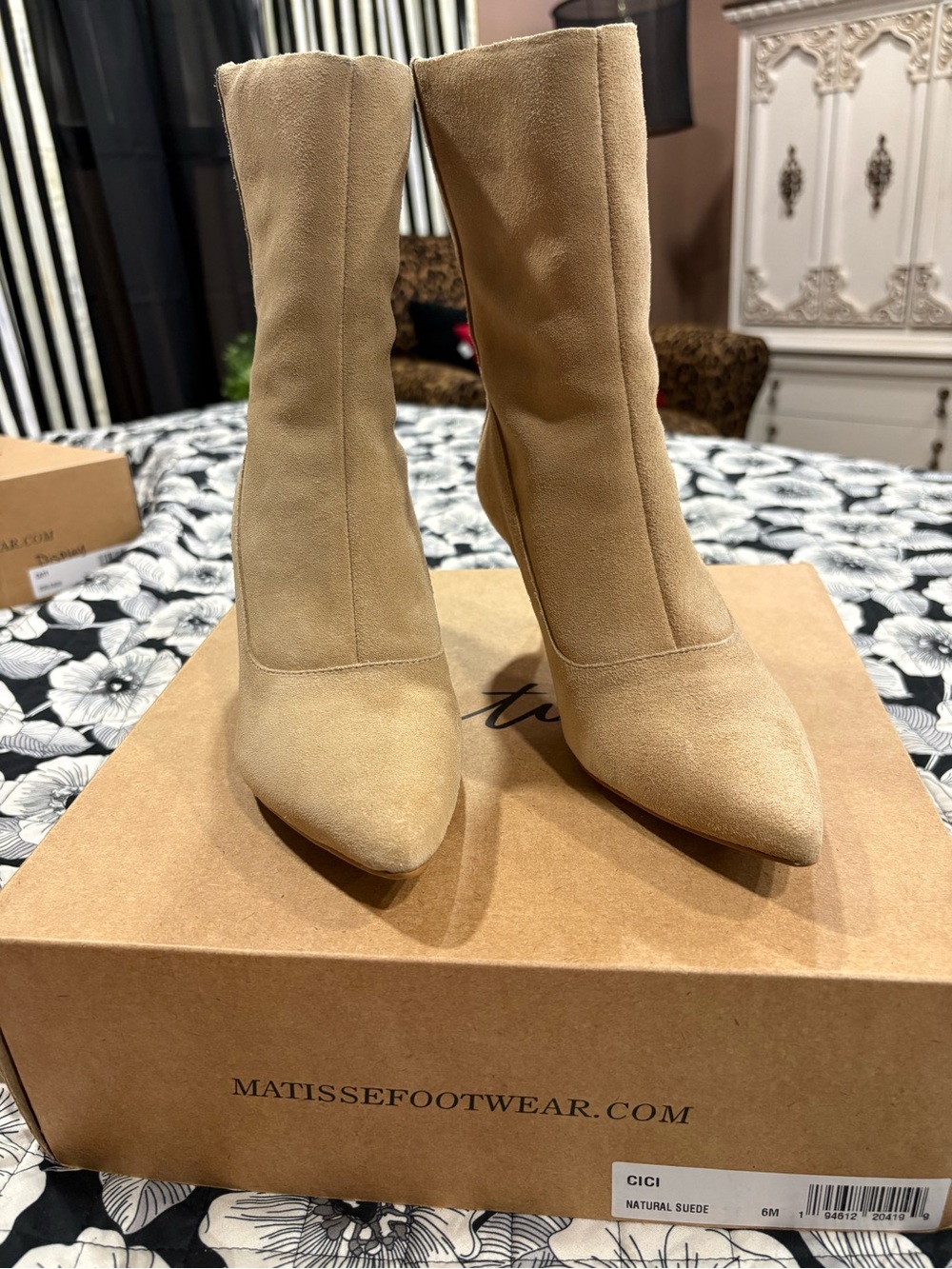 Matisse Natural Suede Pointed Sock Boots - Beige